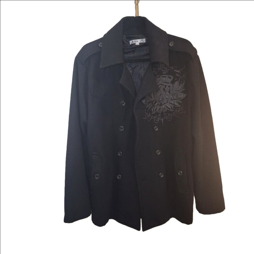 Archaic Double-Breasted Jacket Black Wool Blend Graphic Detail Size L